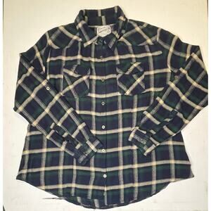 Overdrive Clothing Flannel Shirt M Green Navy Plaid 100% Cotton Roll Tab Sleeve
